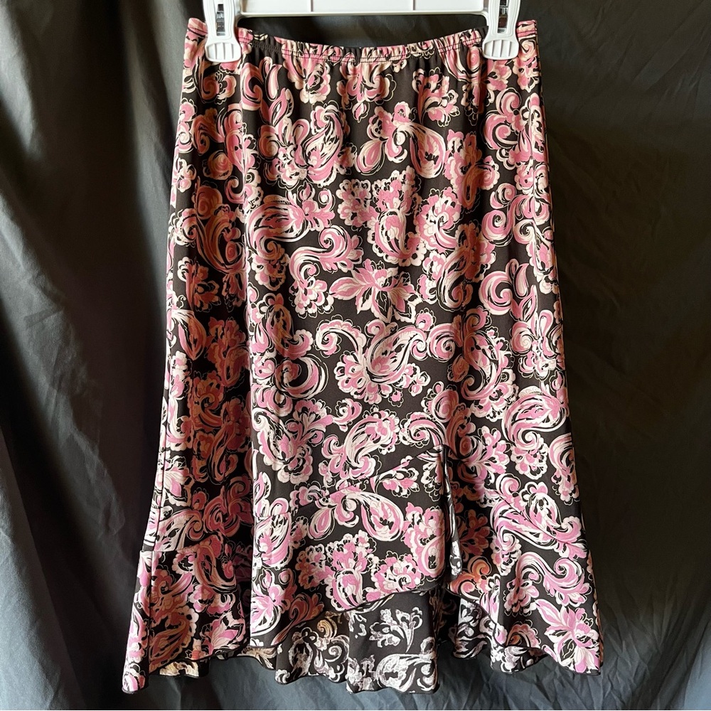 Y2K Parallel women’s size M midi skirt pink/brown asymmetrical stretchy business